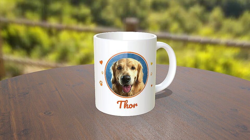 Maqueta de una taza blanca personalizada con una foto de un perro